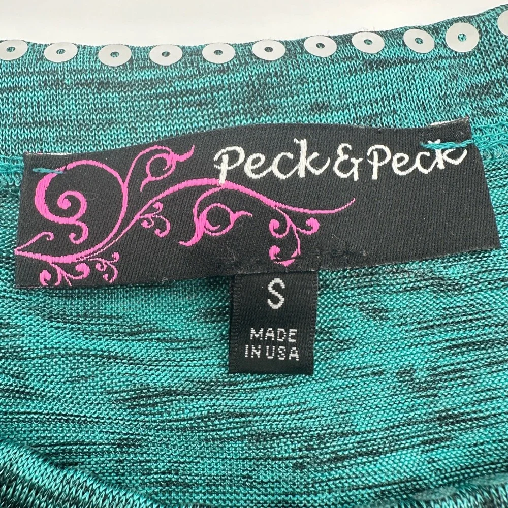 Peck & Peck Top Womens S Teal Excellent Sequin Sharkbite Hem Space Dye Sparkle
